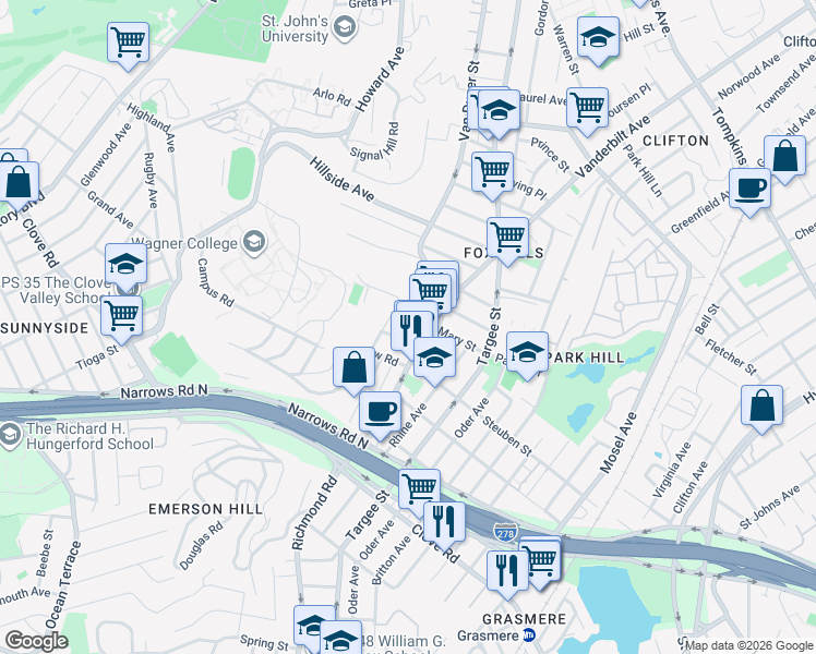 map of restaurants, bars, coffee shops, grocery stores, and more near 5 Cunard Place in Staten Island