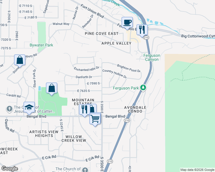 map of restaurants, bars, coffee shops, grocery stores, and more near 3533 Country Manor Road in Cottonwood Heights