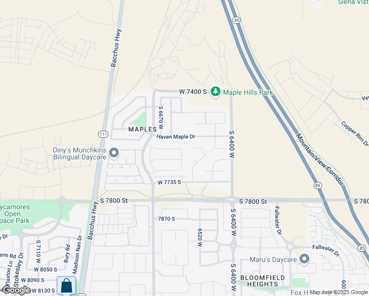 map of restaurants, bars, coffee shops, grocery stores, and more near 7589 Cassielle Lane in West Jordan
