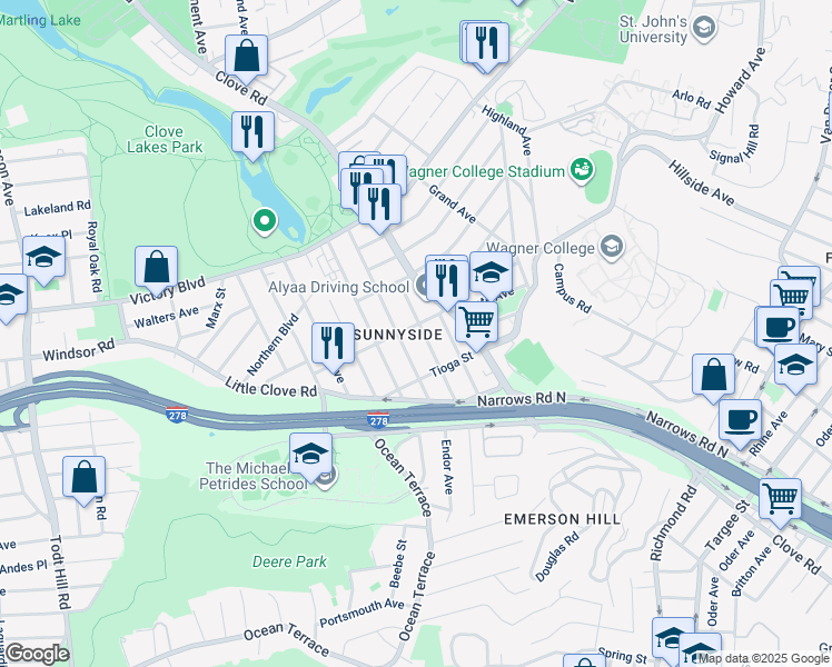 map of restaurants, bars, coffee shops, grocery stores, and more near 68 Cayuga Avenue in Staten Island