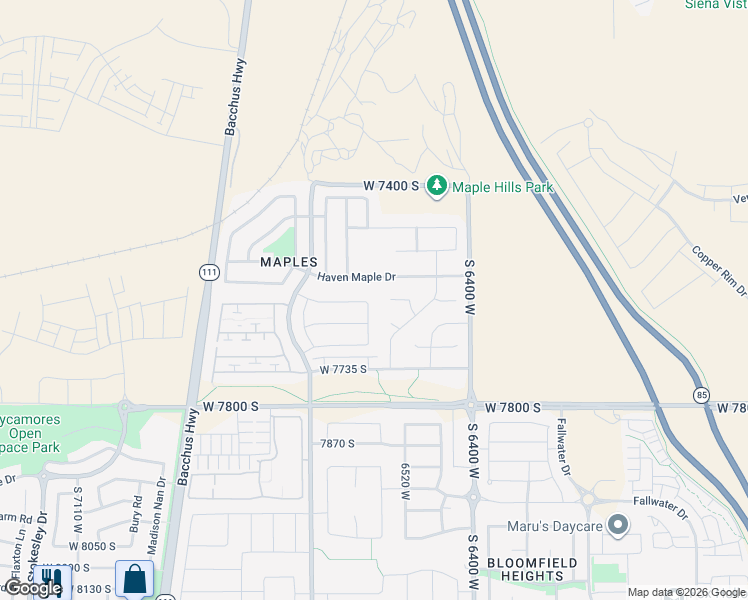 map of restaurants, bars, coffee shops, grocery stores, and more near 7589 Cassielle Lane in West Jordan