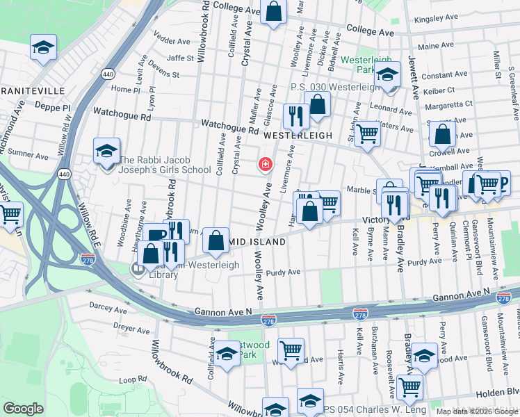 map of restaurants, bars, coffee shops, grocery stores, and more near 455 Woolley Avenue in Staten Island