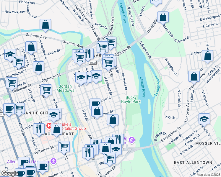 map of restaurants, bars, coffee shops, grocery stores, and more near 414 North Front Street in Allentown