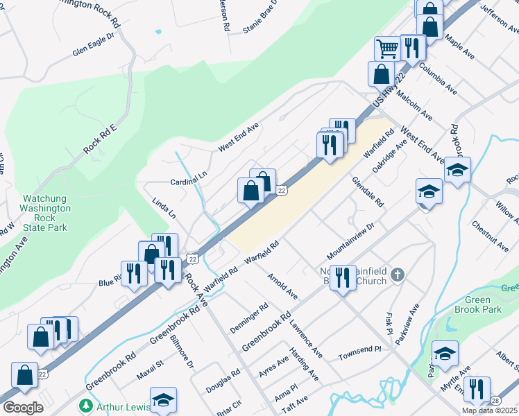 map of restaurants, bars, coffee shops, grocery stores, and more near 1244 U.S. 22 in North Plainfield