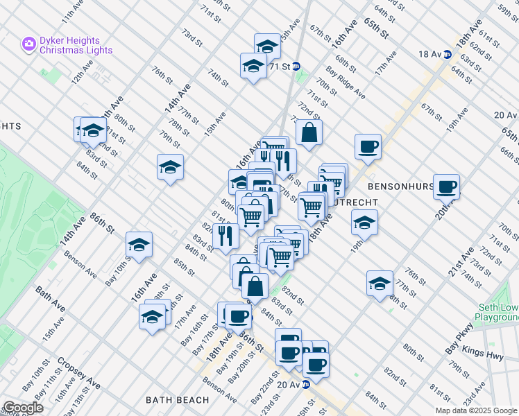 map of restaurants, bars, coffee shops, grocery stores, and more near 1675 79th Street in Brooklyn