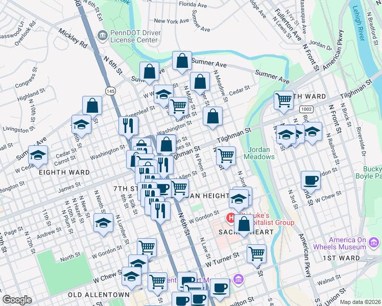 map of restaurants, bars, coffee shops, grocery stores, and more near 450 Tilghman Street in Allentown