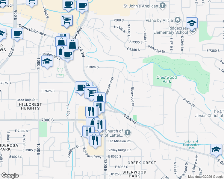 map of restaurants, bars, coffee shops, grocery stores, and more near 7635 Michelle Way in Sandy