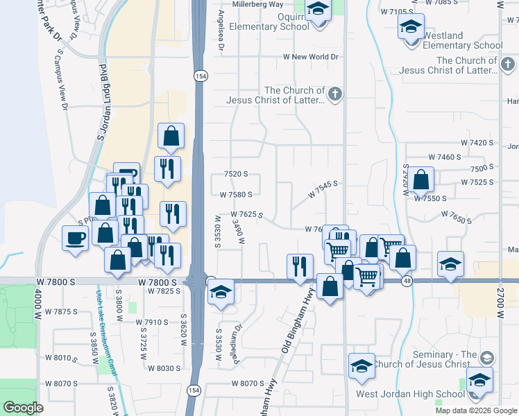 map of restaurants, bars, coffee shops, grocery stores, and more near 7602 South Marylebone Road in West Jordan