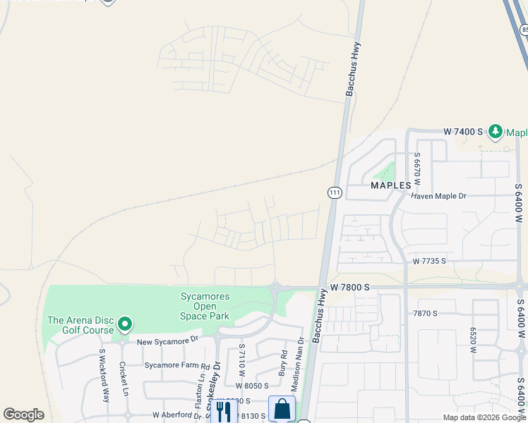 map of restaurants, bars, coffee shops, grocery stores, and more near 7636 New Sycamore Drive in West Jordan
