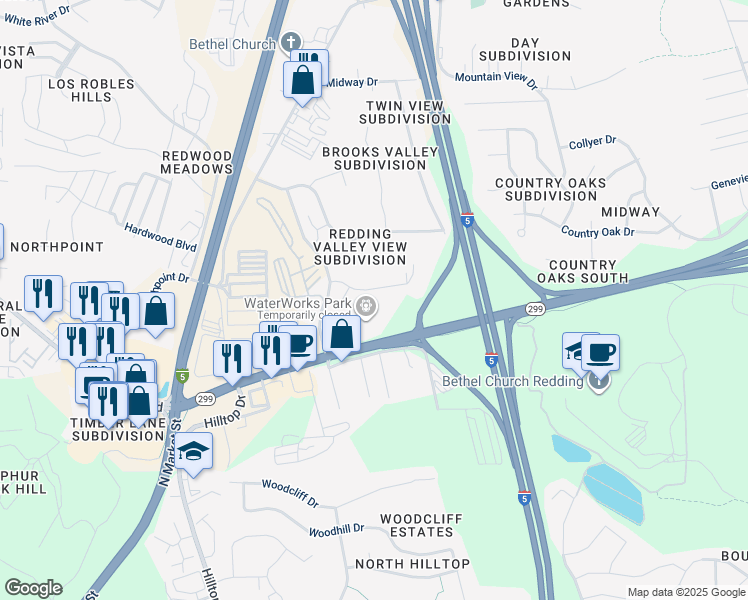 map of restaurants, bars, coffee shops, grocery stores, and more near 151 North Boulder Drive in Redding