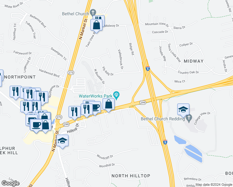 map of restaurants, bars, coffee shops, grocery stores, and more near 151 North Boulder Drive in Redding