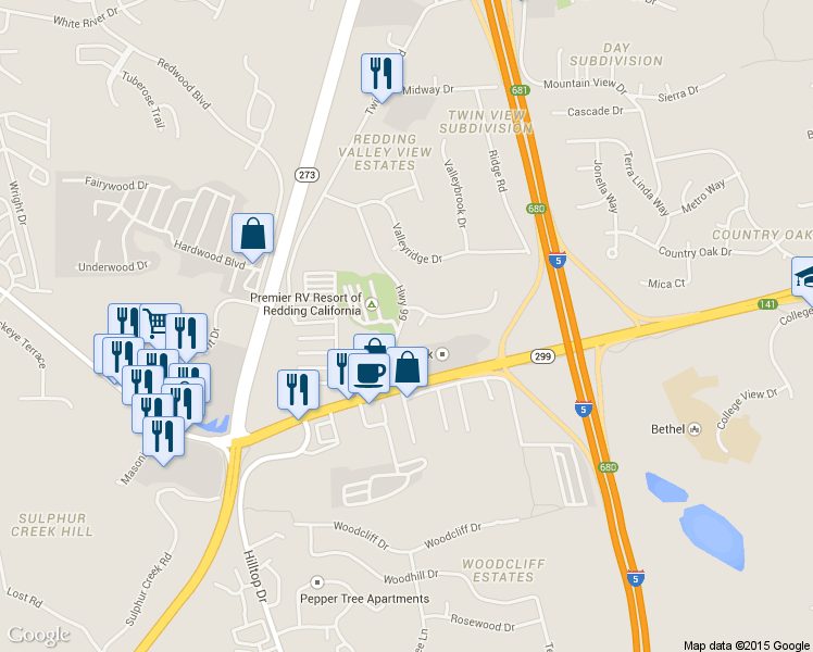 map of restaurants, bars, coffee shops, grocery stores, and more near 111 Boulder Creek Court in Redding