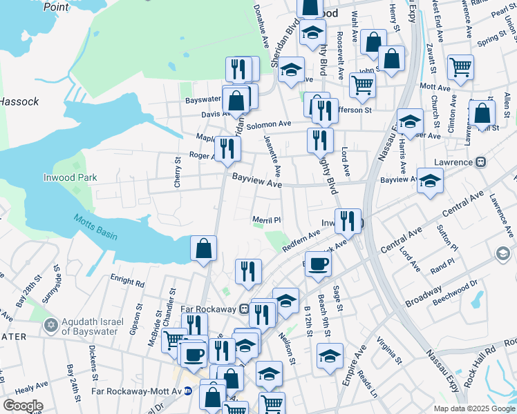map of restaurants, bars, coffee shops, grocery stores, and more near 25 Jeanette Avenue in Inwood
