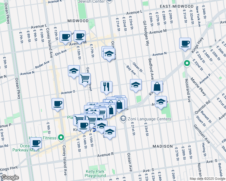 map of restaurants, bars, coffee shops, grocery stores, and more near 2010 Ocean Avenue in Brooklyn