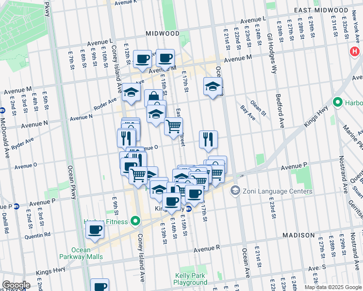 map of restaurants, bars, coffee shops, grocery stores, and more near 1517 East 15th Street in Brooklyn