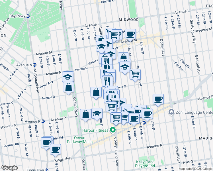 map of restaurants, bars, coffee shops, grocery stores, and more near 1111 Avenue O in Brooklyn