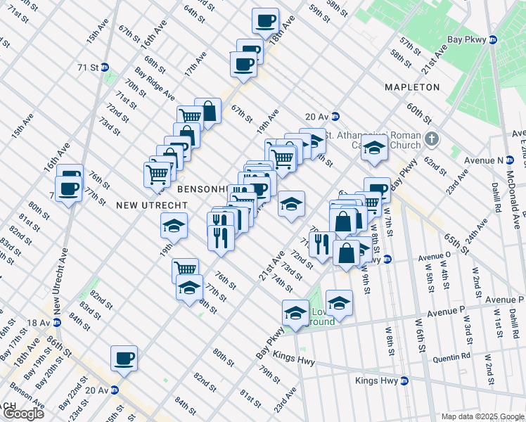 map of restaurants, bars, coffee shops, grocery stores, and more near 2024 71st Street in Brooklyn
