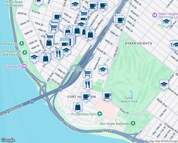 map of restaurants, bars, coffee shops, grocery stores, and more near 291 Battery Avenue in Brooklyn