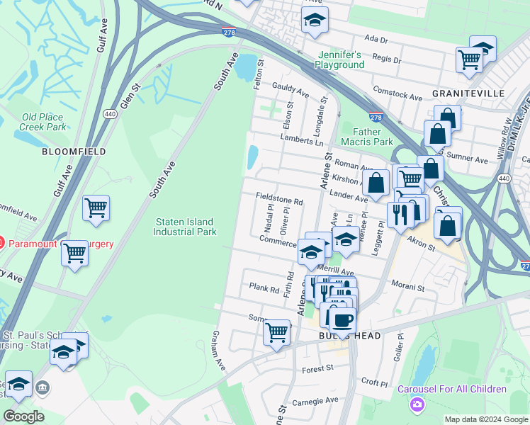 map of restaurants, bars, coffee shops, grocery stores, and more near 40 Nadal Place in Staten Island