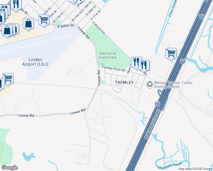 map of restaurants, bars, coffee shops, grocery stores, and more near 310 Madison Street in Linden