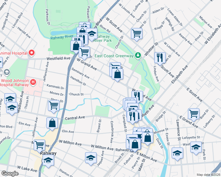 map of restaurants, bars, coffee shops, grocery stores, and more near 1593 Oliver Street in Rahway