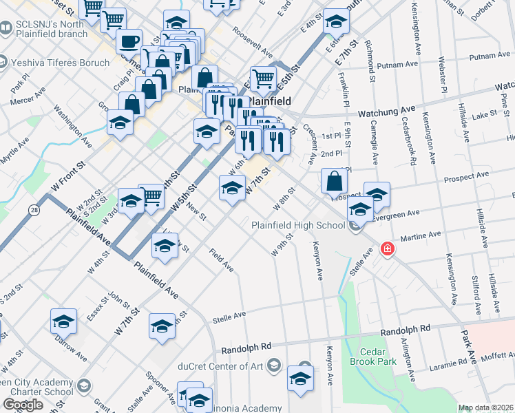 map of restaurants, bars, coffee shops, grocery stores, and more near 214-20 West 8th Street in Plainfield