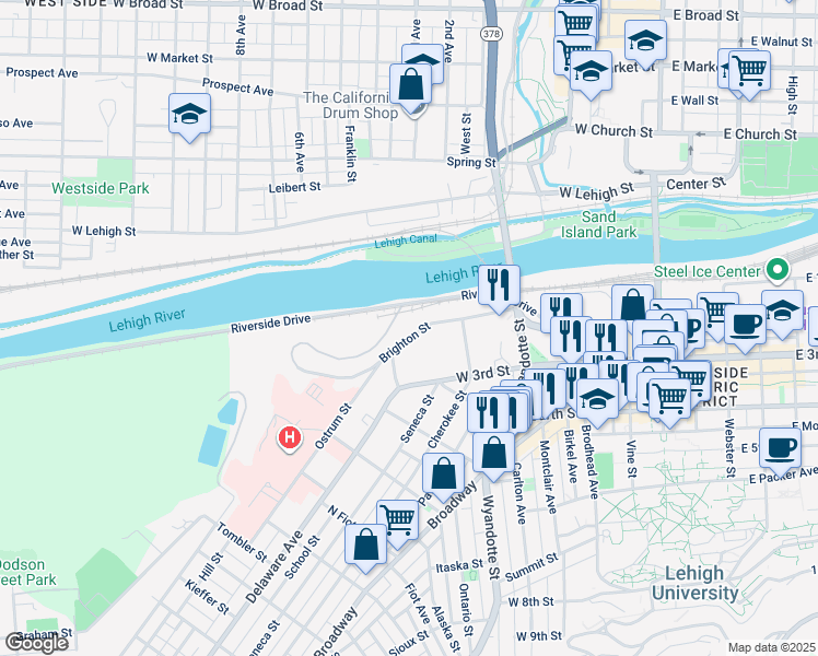 map of restaurants, bars, coffee shops, grocery stores, and more near 565 Brighton Street in Bethlehem