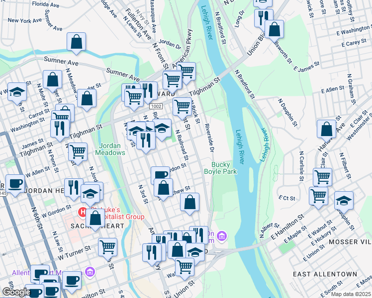 map of restaurants, bars, coffee shops, grocery stores, and more near 414 North Front Street in Allentown