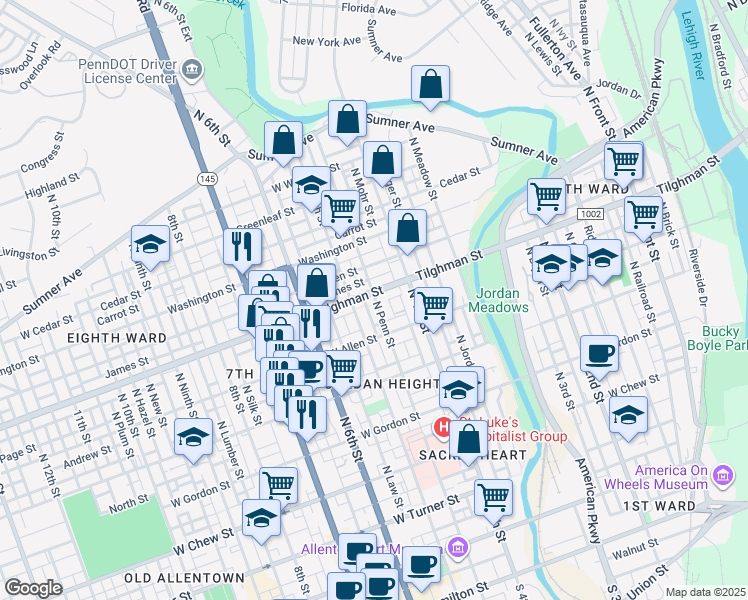 map of restaurants, bars, coffee shops, grocery stores, and more near 625 North Penn Street in Allentown