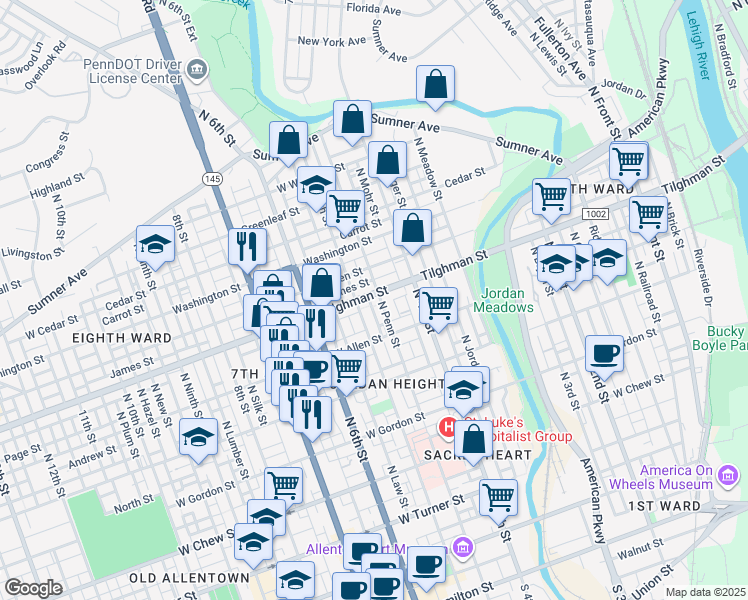 map of restaurants, bars, coffee shops, grocery stores, and more near 625 North Penn Street in Allentown