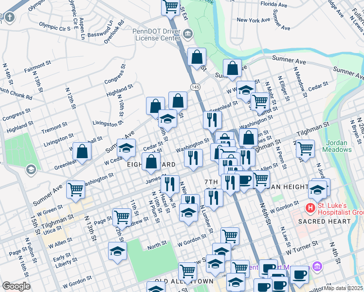 map of restaurants, bars, coffee shops, grocery stores, and more near 756 North Lumber Street in Allentown