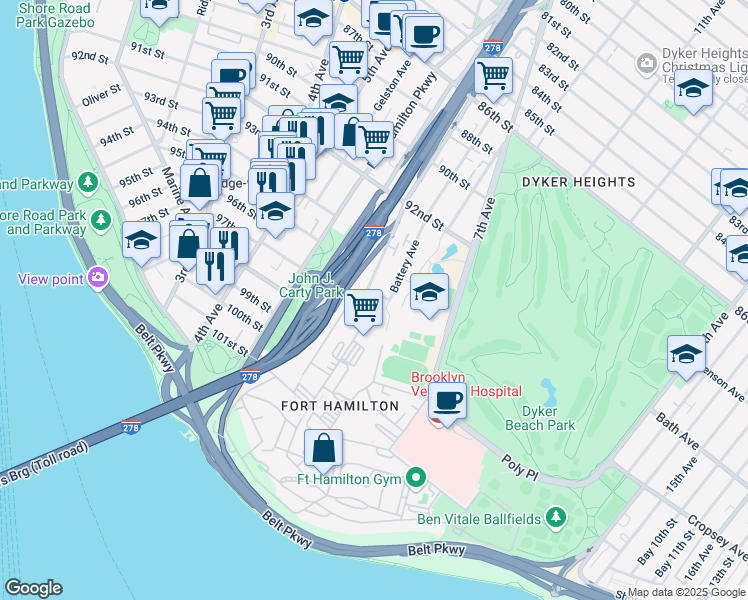 map of restaurants, bars, coffee shops, grocery stores, and more near 580 Fort Hill Place in Brooklyn