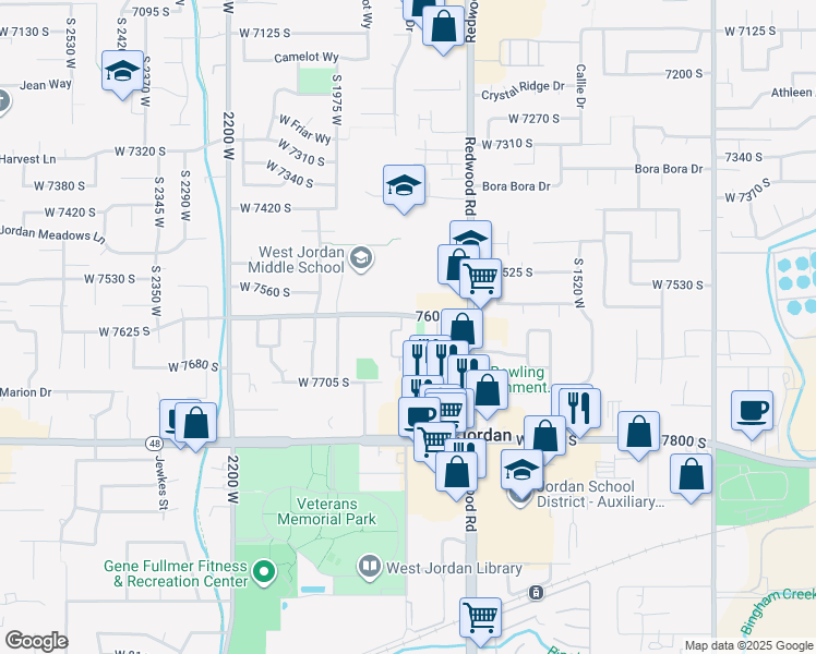 map of restaurants, bars, coffee shops, grocery stores, and more near 1817 West 7600 South in West Jordan