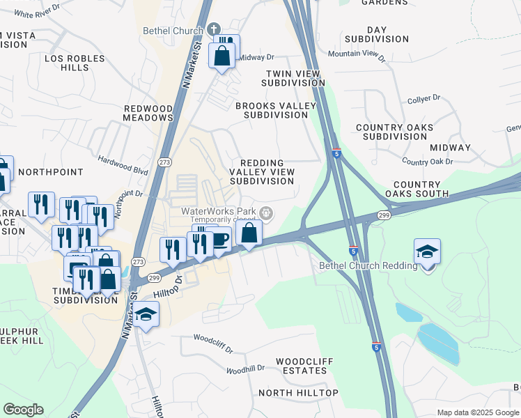 map of restaurants, bars, coffee shops, grocery stores, and more near 237 Boulder Creek Drive in Redding