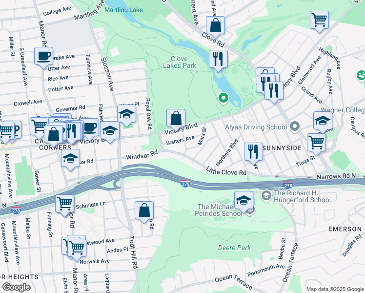 map of restaurants, bars, coffee shops, grocery stores, and more near 400 Little Clove Road in Staten Island