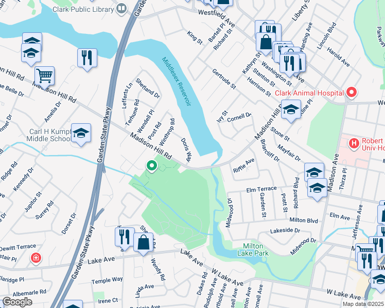map of restaurants, bars, coffee shops, grocery stores, and more near 17 Doris Way in Clark