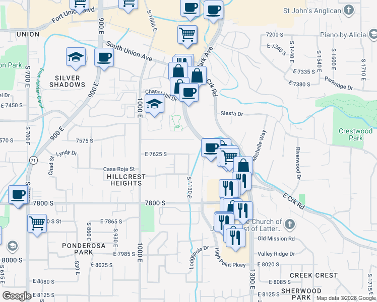 map of restaurants, bars, coffee shops, grocery stores, and more near 1131 East 7625 South in Midvale