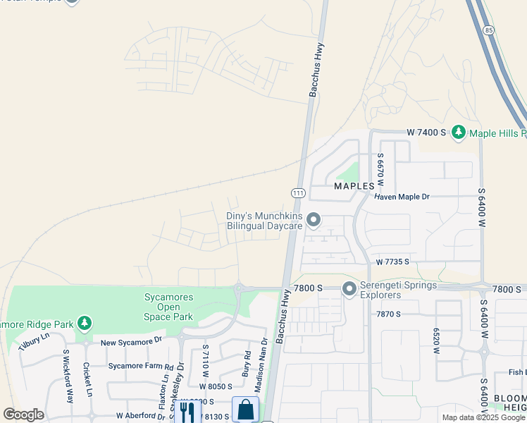 map of restaurants, bars, coffee shops, grocery stores, and more near 6964 Pointe Cedar Lane in West Jordan