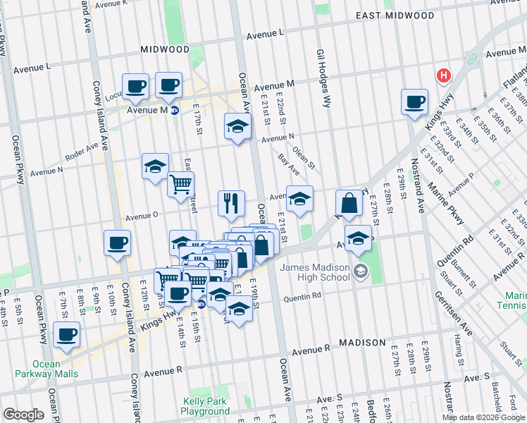 map of restaurants, bars, coffee shops, grocery stores, and more near 2009 Ocean Avenue in Brooklyn