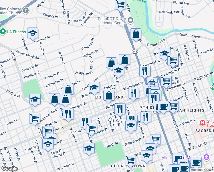 map of restaurants, bars, coffee shops, grocery stores, and more near 941 Cedar Street in Allentown