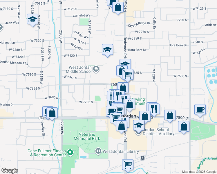 map of restaurants, bars, coffee shops, grocery stores, and more near 1817 West 7600 South in West Jordan