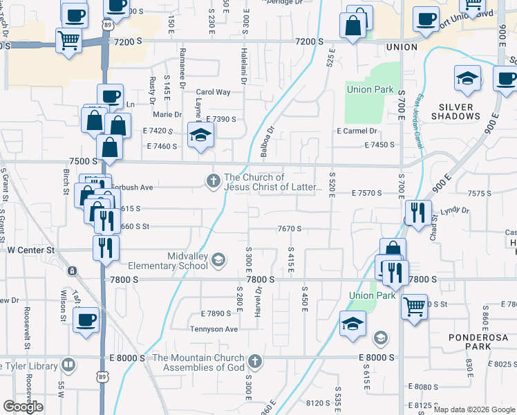map of restaurants, bars, coffee shops, grocery stores, and more near 7613 South 300 East in Midvale