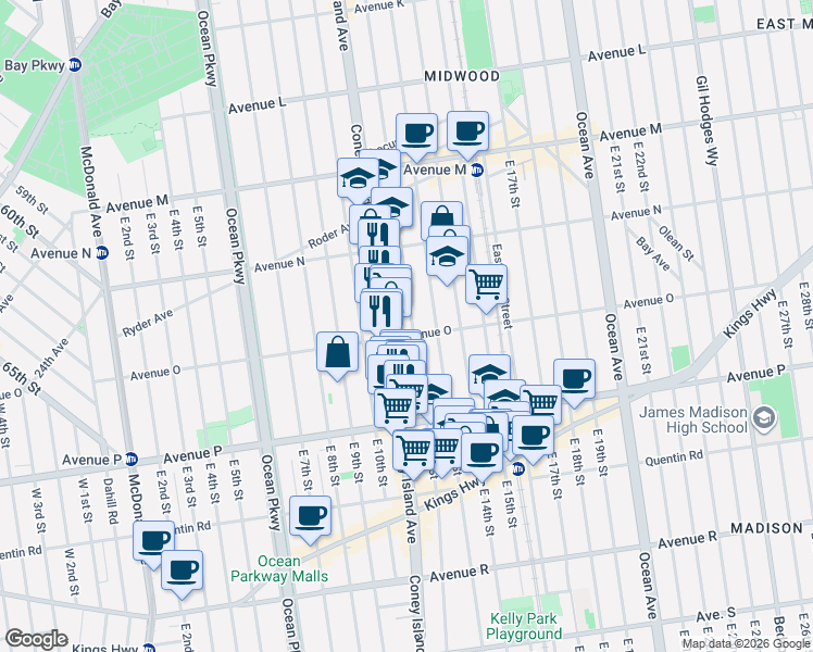 map of restaurants, bars, coffee shops, grocery stores, and more near 1492 East 12th Street in Brooklyn
