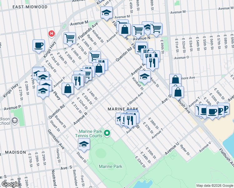 map of restaurants, bars, coffee shops, grocery stores, and more near 1848 East 37th Street in Brooklyn