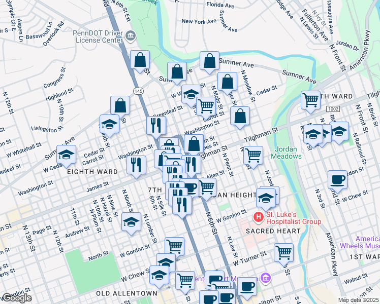 map of restaurants, bars, coffee shops, grocery stores, and more near 715 North 6th Street in Allentown