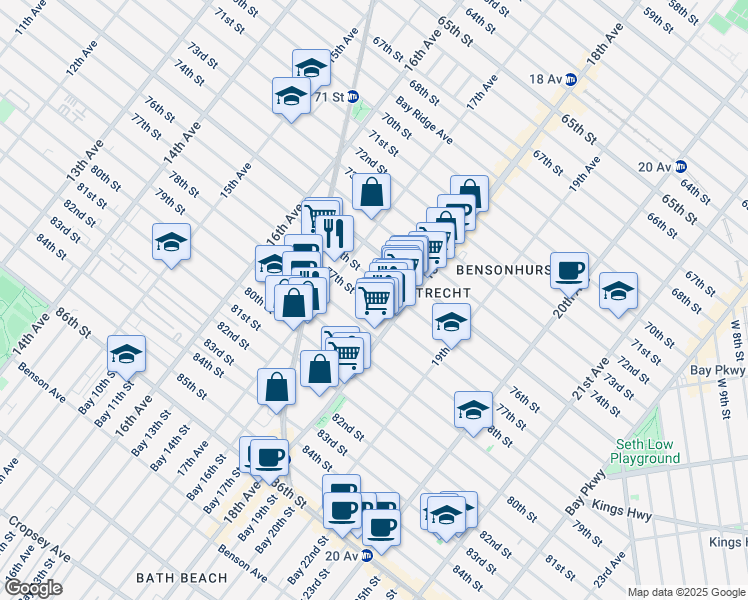 map of restaurants, bars, coffee shops, grocery stores, and more near 1770 77th Street in Brooklyn