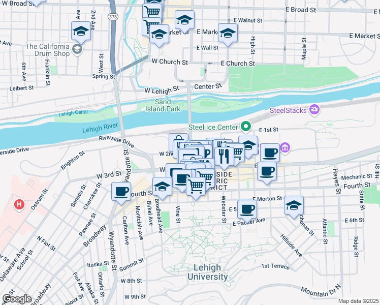 map of restaurants, bars, coffee shops, grocery stores, and more near 206 S New St in Bethlehem