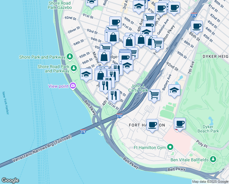 map of restaurants, bars, coffee shops, grocery stores, and more near 431 100th Street in Brooklyn
