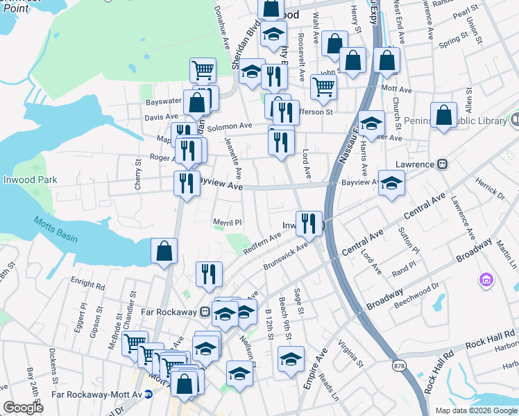 map of restaurants, bars, coffee shops, grocery stores, and more near 15 Alvin Place in Inwood
