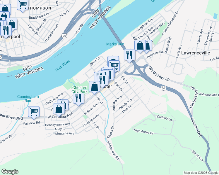 map of restaurants, bars, coffee shops, grocery stores, and more near 515 Church Alley in Chester